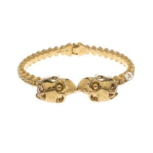 Alexander McQueen Twin Crystal Embedded Skull Gold Tone Cuff Bracelet